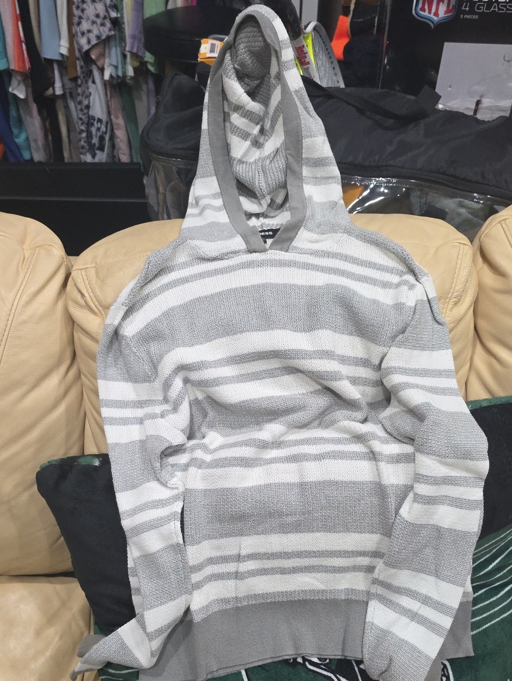 Express Gray and White Striped Hooded Pullover